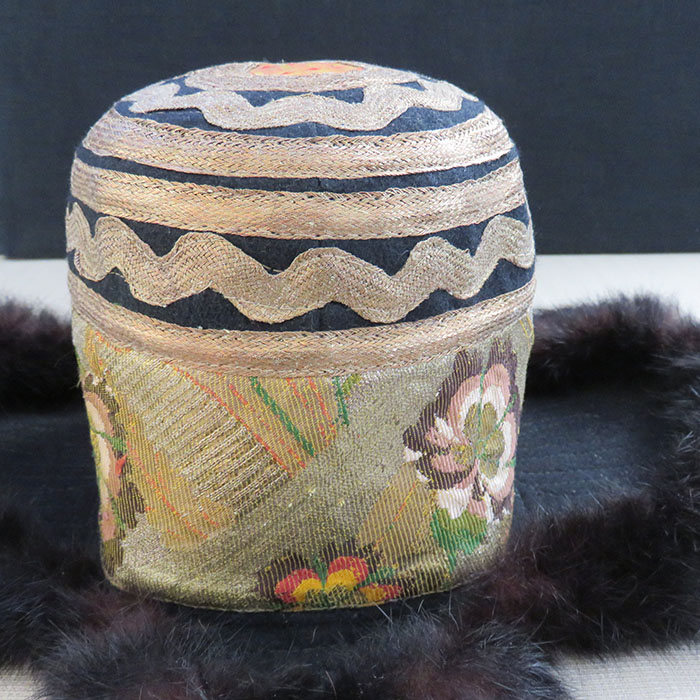 Tibetan tribal brocade and fur hat