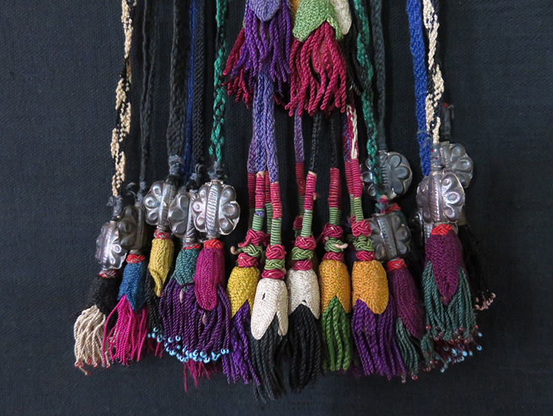 Uzbekistan Surkhandarya tribal hair decoration, glass beaded and silk braided tassels