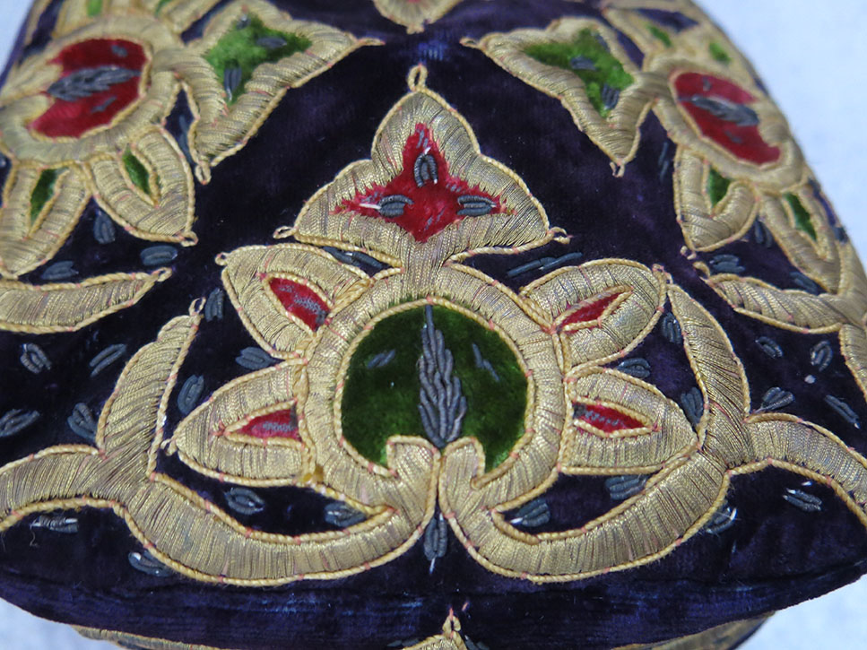 UZBEKISTAN – BOKHARA Tribal metallic embroidery square velvet hat