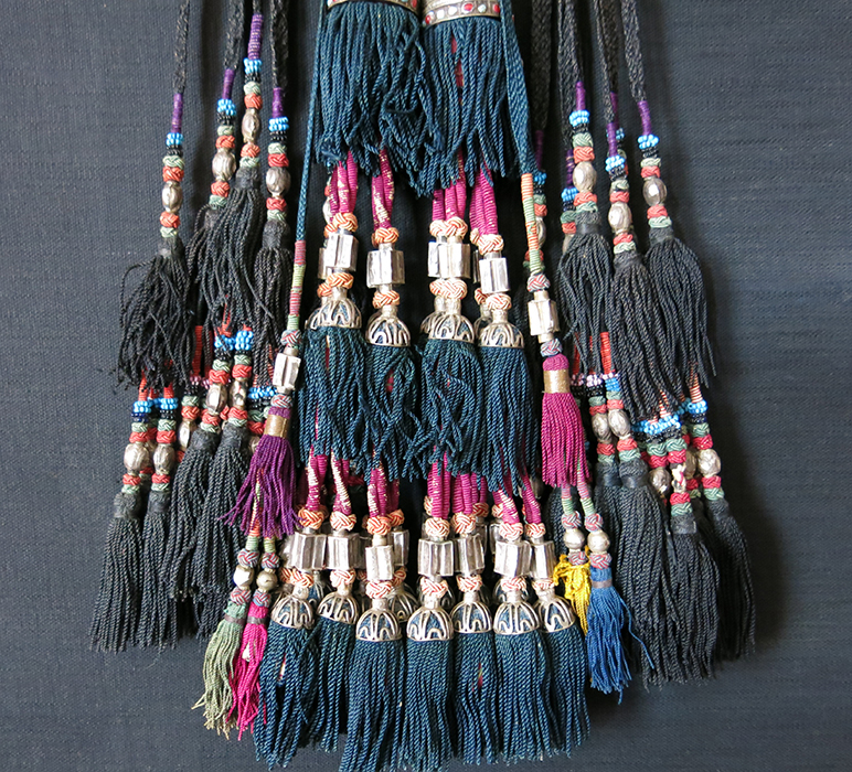 UZBEKISTAN – SURKHANDARYA, tribal silk braided and glass beaded combination of tassels