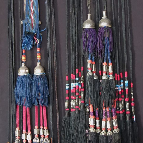 UZBEKISTAN – SURKHANDARYA, tribal silk braided and glass beaded combination of two tassels